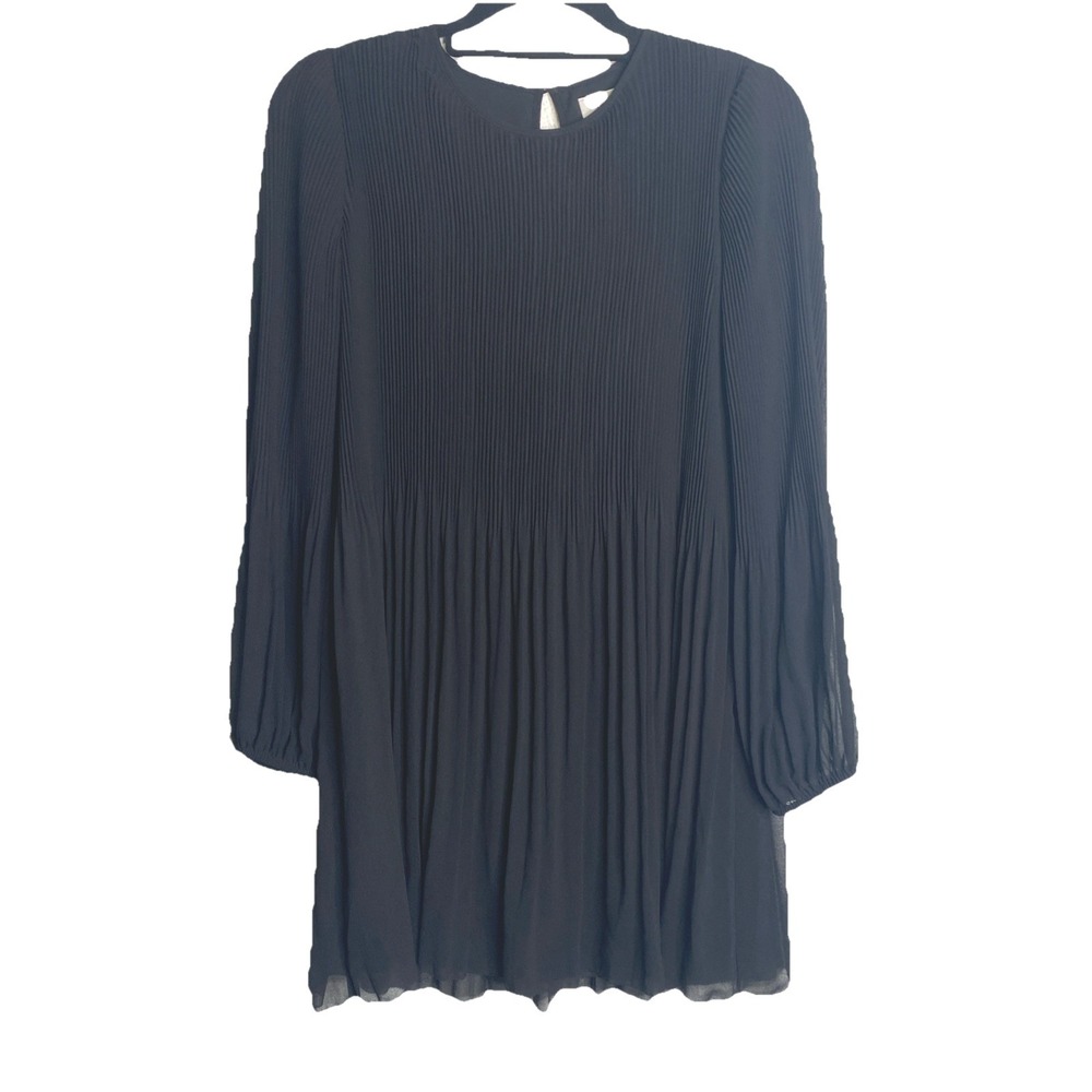 Wilfred Aritzia Black Pleated Long Sleeve Mini Dress XS Round Neck Keyhole Back